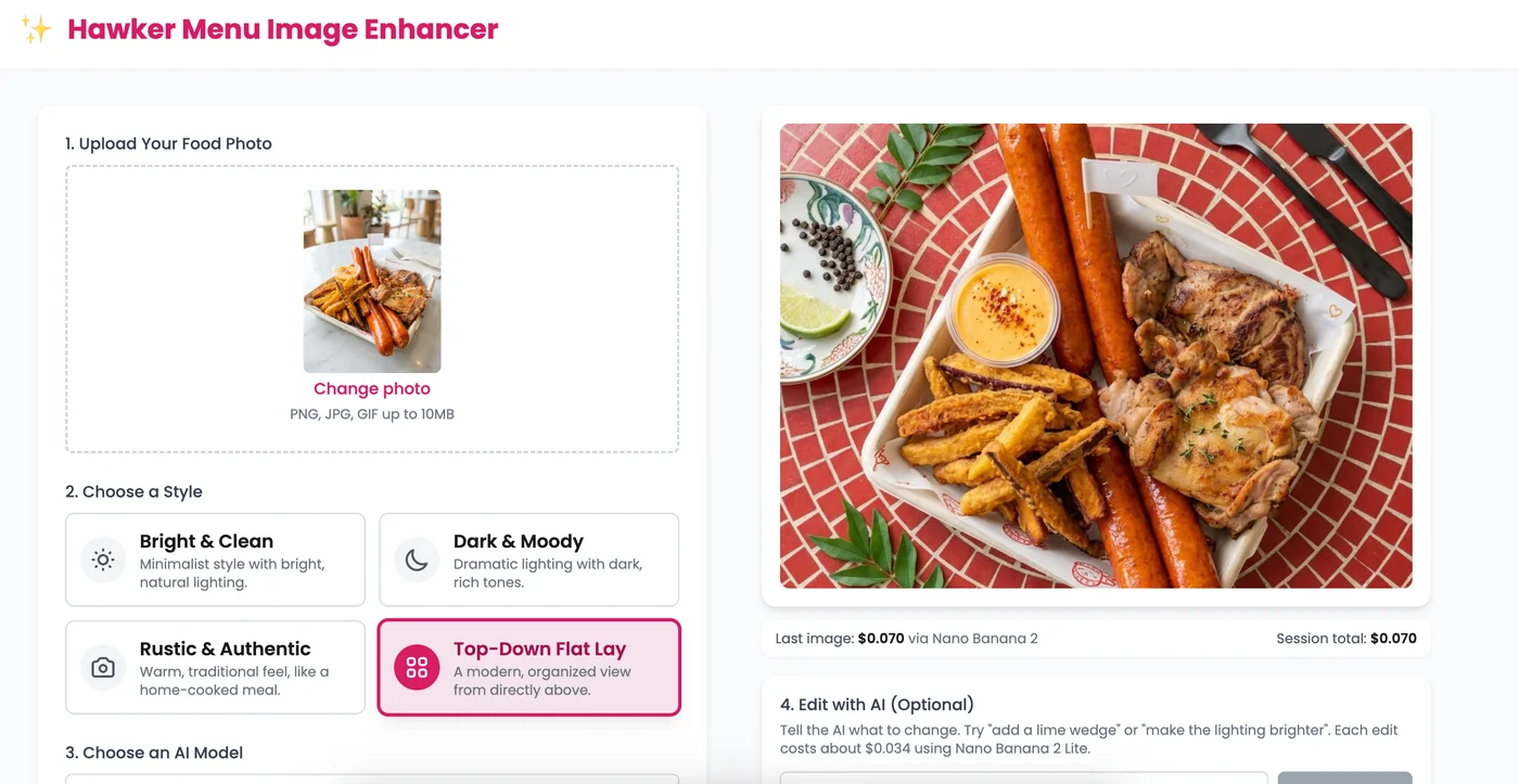 Hawker Menu showing an uploaded food photo and its enhanced top-down result